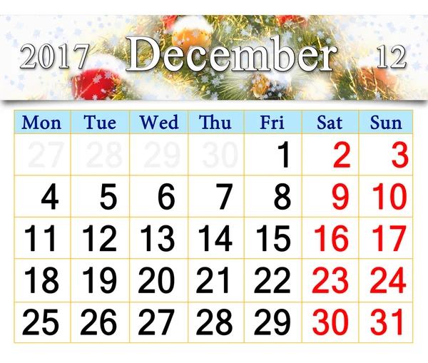 Calendario per dicembre 2017 con decorazioni per l'albero di Capodanno — Foto Stock