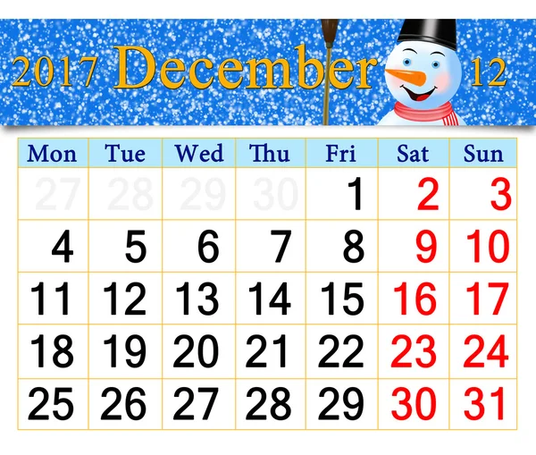 Calendario para diciembre 2017 con la foto del muñeco de nieve fabuloso —  Fotos de Stock
