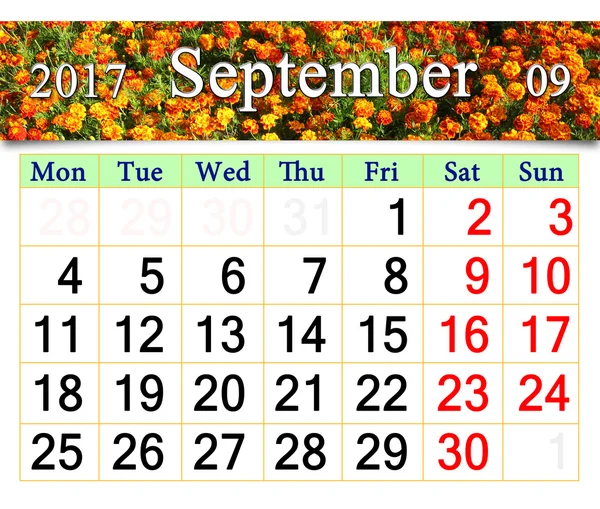 Calendar for September 2017 with marigolds — Stock Photo, Image
