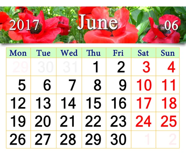 Calendario para junio 2017 con la imagen de las amapolas — Foto de Stock