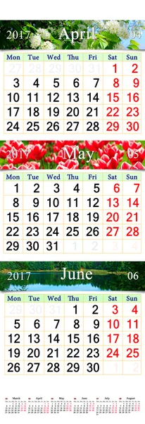Kalendarz Kwiecień-czerwiec 2017 ze zdjęciami — Zdjęcie stockowe
