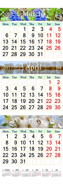 Drievoudige kalender voor maart April en mei 2017 met foto's — Stockfoto