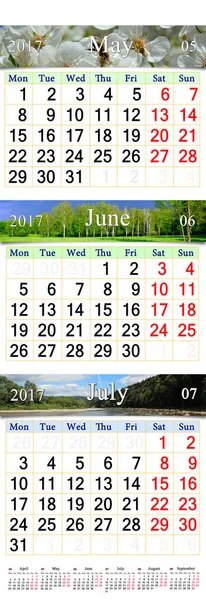 Kalendář na květen červen červenec 2017 s obrázky — Stock fotografie