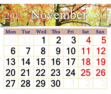Takvim Kasım 2017 Park sarı yaprakları ile