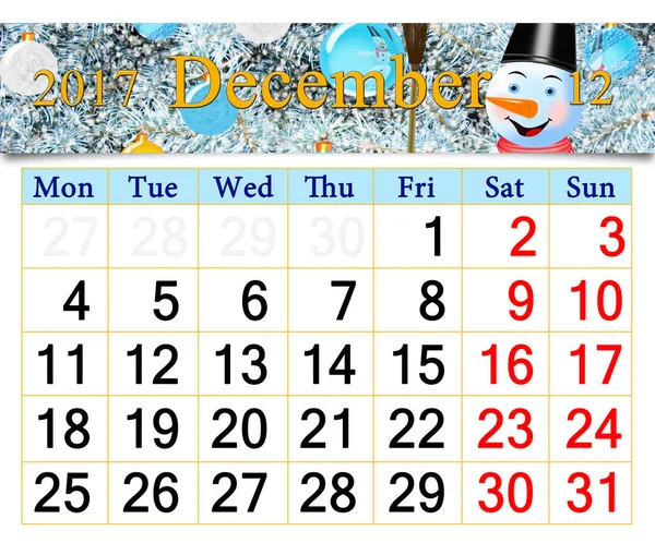素敵な雪だるまの画像と 2017 年 12 月のカレンダー — ストック写真