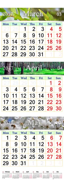 Dreifachkalender für März April und Mai 2017 mit Bildern — Stockfoto