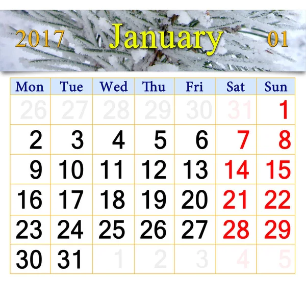 Calendário para janeiro 2017 com pinheiros de inverno — Fotografia de Stock