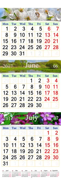 Calendario de Mayo Junio Julio 2017 con fotos — Foto de Stock