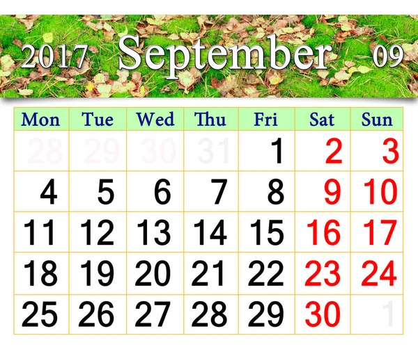 Kalendář na září 2017 s obrázkem mechu a listí — Stock fotografie