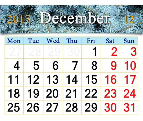 Calendário para dezembro 2017 com ramos de firtree — Fotografia de Stock