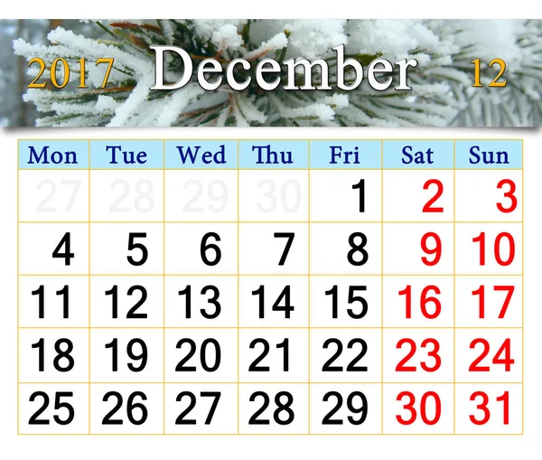 Calendario diciembre 2017 con rama cubierta de nieve — Foto de Stock