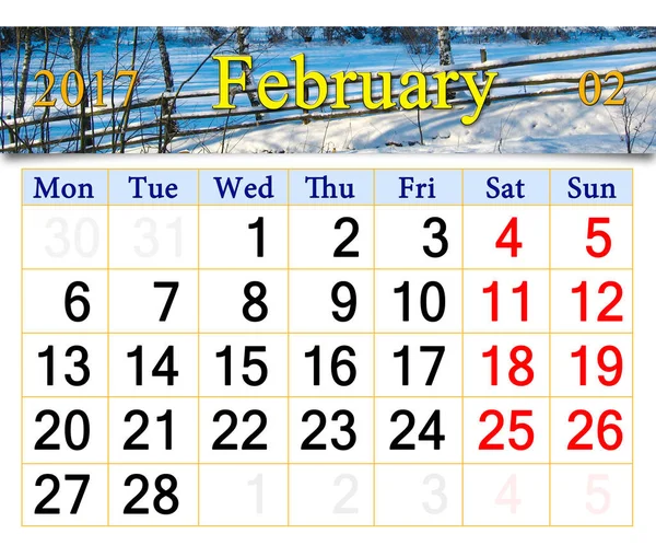 Kalender för februari av 2017 med vinterlandskap — Stockfoto