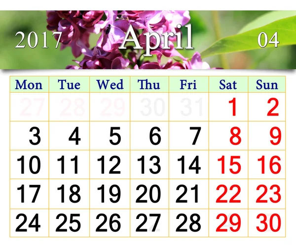 Календар на квітень 2017 року з бузковим кущем — стокове фото