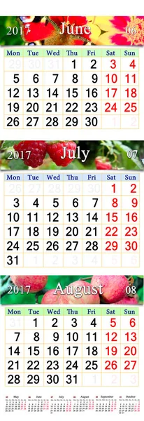 日历，6 月 7 月和 8 月 2017 与彩色图片 — 图库照片