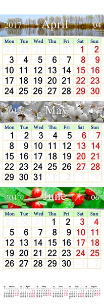 Trippel kalender för April maj och juni 2017 med bilder — Stockfoto