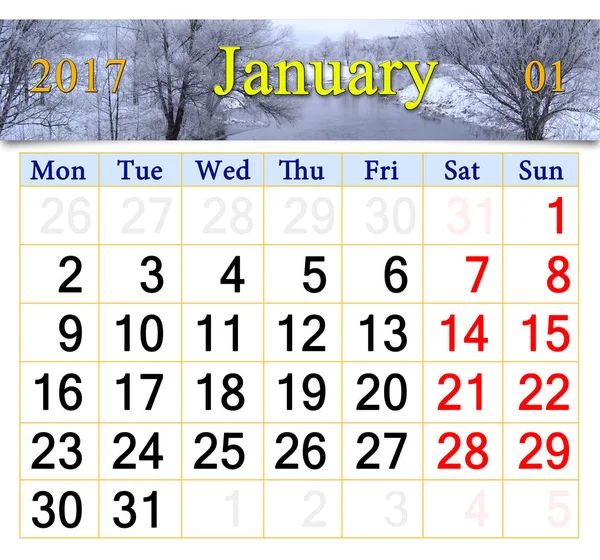 Calendario para enero 2017 con el río de invierno —  Fotos de Stock