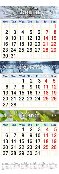 Календарь на январь февраль и март 2017 с изображениями — стоковое фото