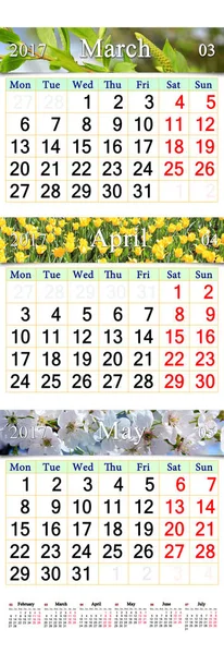 Triplo calendario per marzo aprile e maggio 2017 con immagini — Foto Stock