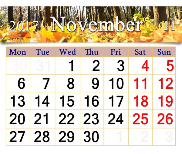 Kalender för November 2017 med gula blad — Stockfoto