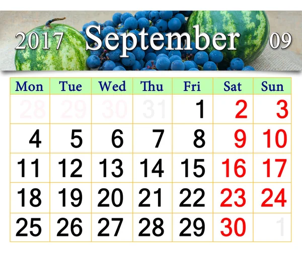 Calendario per settembre 2017 con frutta — Foto Stock