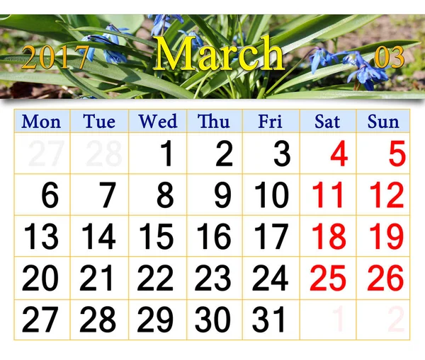 Calendario per marzo 2017 anno con bucaneve — Foto Stock