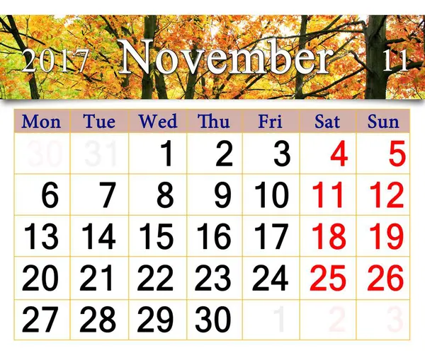 Kalender für November 2017 mit gelbem Herbstpark — Stockfoto