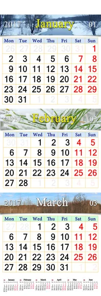 Calendario para enero febrero y marzo de 2017 con fotos — Foto de Stock
