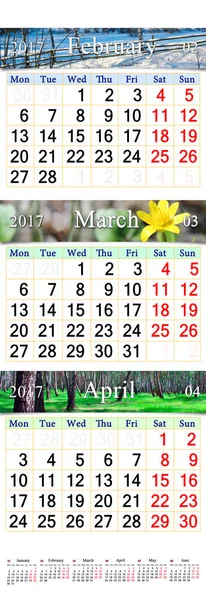 Календар на три місяці 2017 року з зображеннями природи — стокове фото
