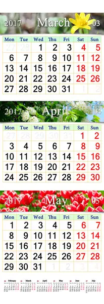 Drievoudige kalender voor maart April en mei 2017 met foto's — Stockfoto