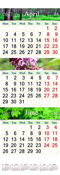 Triple calendar for April- June 2017 with natural pictures — Stock Photo, Image