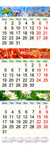 Kalender för maj juni juli 2017 med bilder — Stockfoto