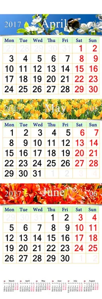 Kalender för April maj juni 2017 med naturliga bilder — Stockfoto