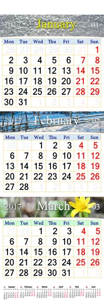 Kalender för januari februari och mars 2017 med bilder — Stockfoto