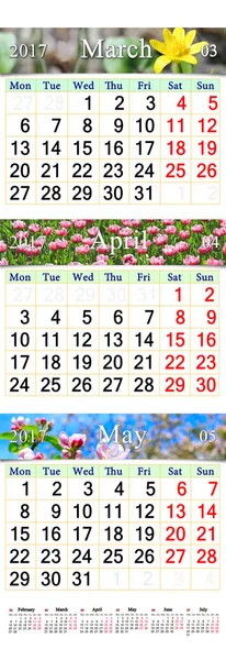 Dreifachkalender für März April und Mai 2017 mit Bildern — Stockfoto