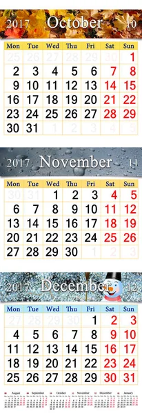 Październik listopad i grudzień 2017 z kolorowych zdjęć w formie kalendarza — Zdjęcie stockowe