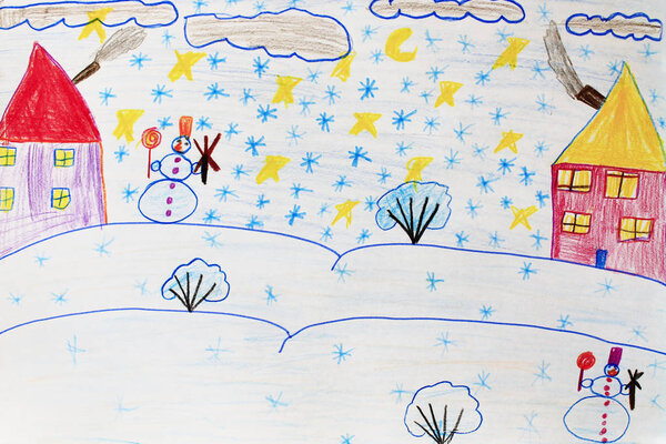 Children's drawing of houses standing on the snowy hills and snowfall