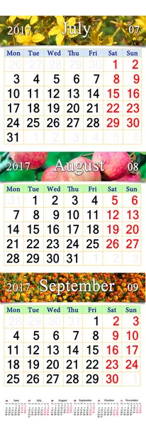 Kalender för juli augusti September 2017 med färgade bilder — Stockfoto