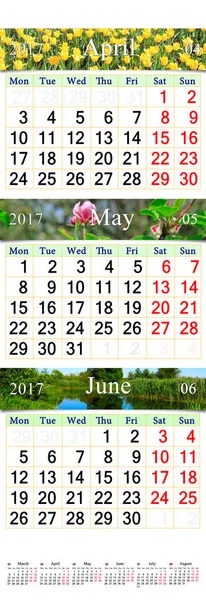 Kalender för April maj och juni 2017 med naturliga bilder — Stockfoto