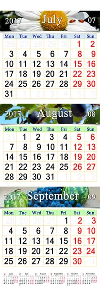 Calendário para julho agosto setembro 2017 com três imagens coloridas — Fotografia de Stock