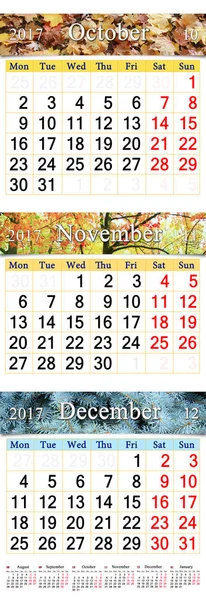 Октябрь Ноябрь и Декабрь 2017 с цветными картинками в виде календаря — стоковое фото