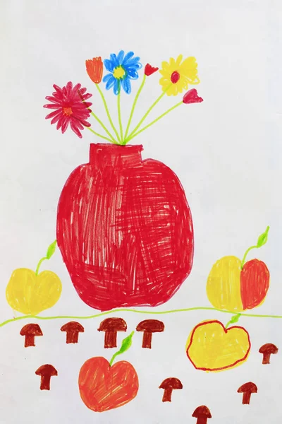 Dibujo infantil con ramo de flores en jarrón y manzanas —  Fotos de Stock