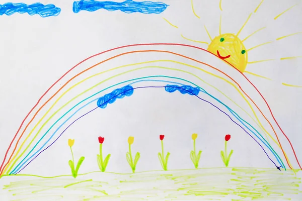 Childish drawing of flowers and rainbow — Stock Photo, Image