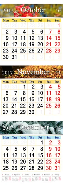Kalender für Oktober November und Dezember 2017 mit farbigen Bildern — Stockfoto