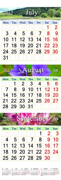 Kalender för juli augusti September 2017 med tre färgade bilder — Stockfoto