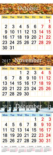 Calendário para outubro novembro e dezembro 2017 com imagens coloridas — Fotografia de Stock