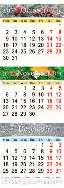 Calendario ottobre novembre e dicembre 2017 con foto a colori — Foto Stock