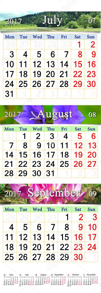Calendar for July August September 2017 with three colored images