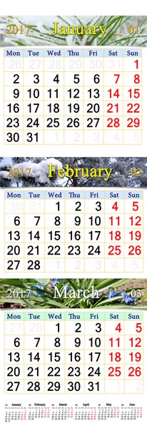 Kalender für Januar Februar und März 2017 mit Bildern — Stockfoto