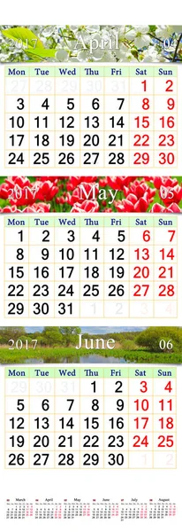 Kalendarz kwiecień-czerwca 2017 z naturalne Zdjęcia — Zdjęcie stockowe