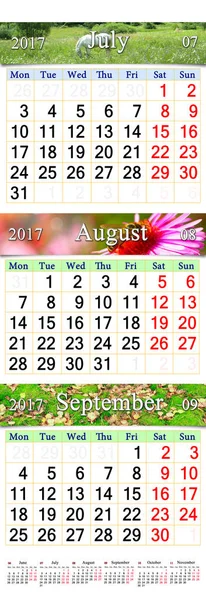 Kalender för juli augusti September 2017 med tre färgade bilder — Stockfoto